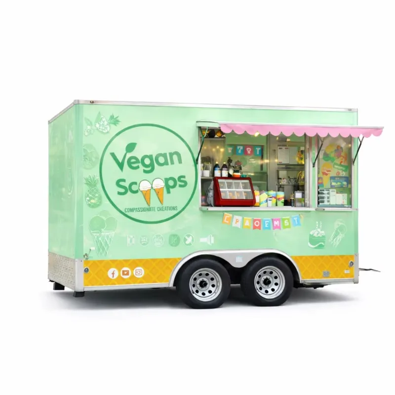 Custom Square Aluminum Ice Cream Towable Food Trailer Drivable Mobile Kitchen 4 Wheel Dual Tandem Axle Built-In Heater Vintage