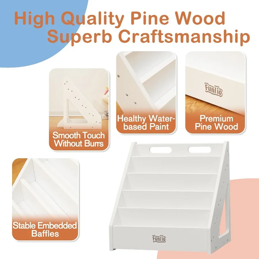 Rak Buku Menghadap Depan untuk Balita 15 Tahun dengan Pegangan dan Perangkat Anti-Tip, Rak Buku Premium dari Kayu Pinus Ideal untuk Kamar Bayi dan Anak