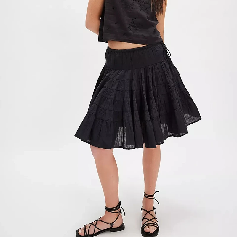 

Women Summer Solid Color Chic Elastic Drawstring High Waist Waist Loose Fit Tiered Flowy A Line Midi Skirt Streetwear
