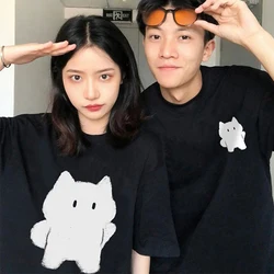 Summer Cute Cat Print Tshirts Women Loose Black White 3XL Big Size Unisex Tees Korean Simple Casual Couple Tees