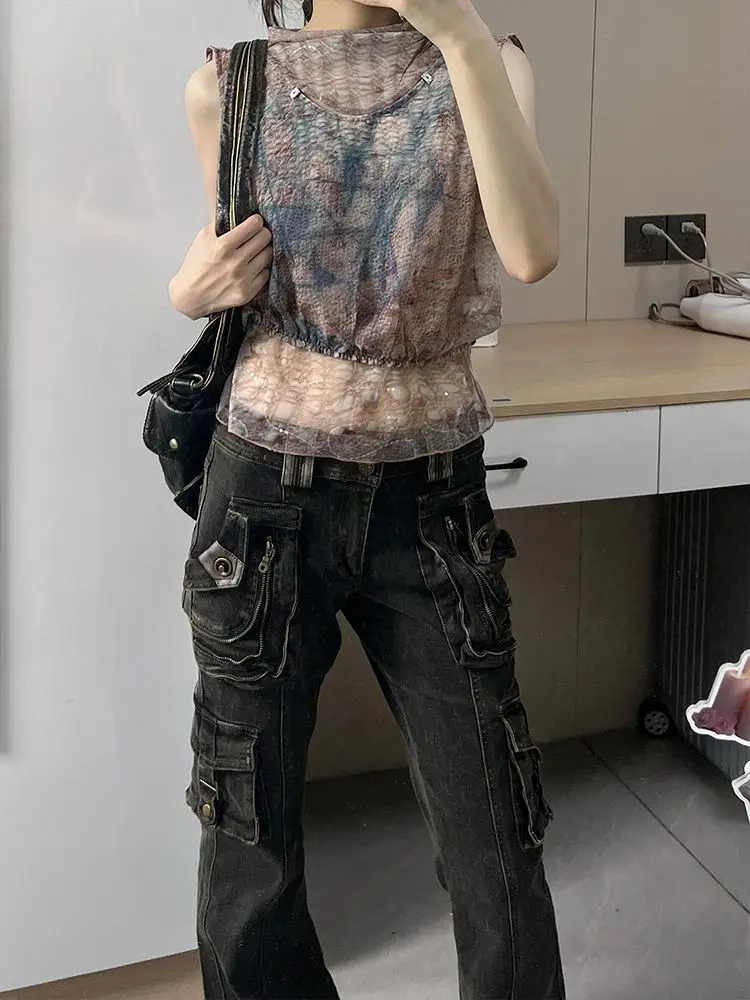 Women's Black Gothic Y2K Jeans Baggy Aesthetic Denim Trousers Harajuku Streetwear Jean Pants Vintage 2000s Trashy Clothes 2024