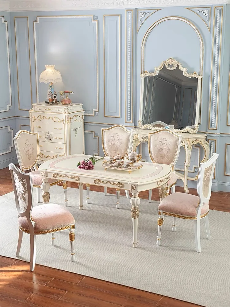 French court style light luxury dining table and chair combination, multi size solid wood retro European pink dining table