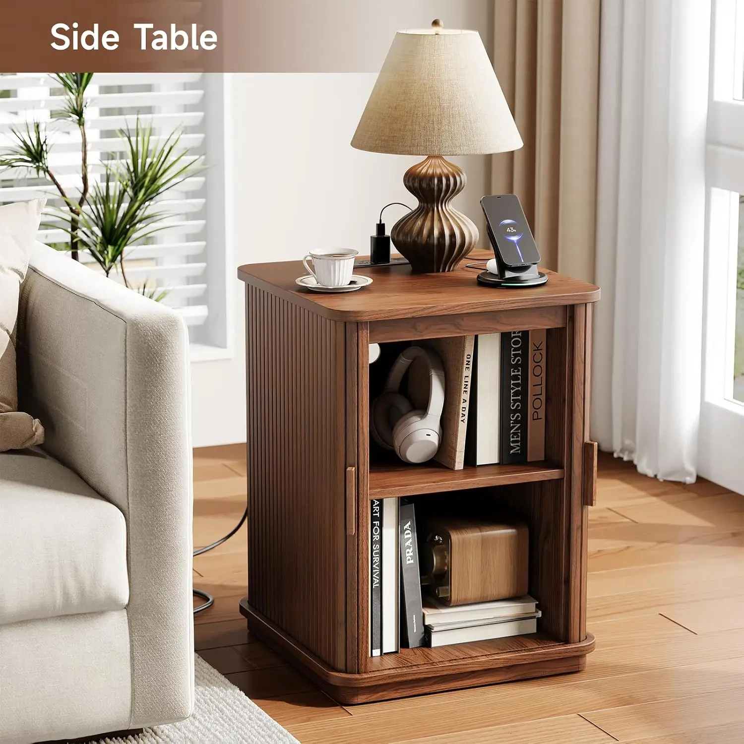 ONBRILL USB Charging Nightstand, Fluted Storage End Table with Sliding Door & Power Outlet | Mid-Century Modern Bedside Table for Small Spaces, Bedroom, Living Room (Walnut)