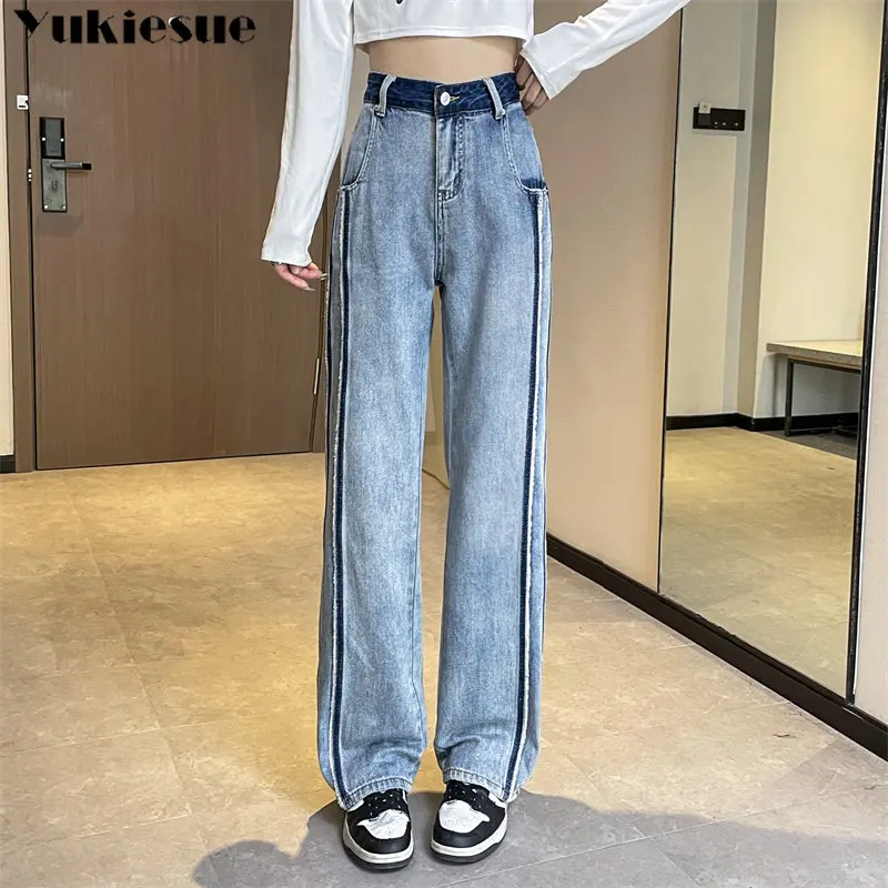 

Y2k Stripe Retro High Waist Baggy Jeans Women Autumn Pocket Wide Leg Denim Trousers Streetwear Loose Straight Pants Versatile