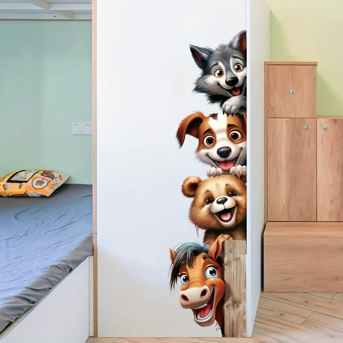 Cute Cartoon Animal Peeking Door Stickers-Wall Sticker Bedroom Living Room-Featuring Dog, Tiger, Donkey with Straw Hats Stickers