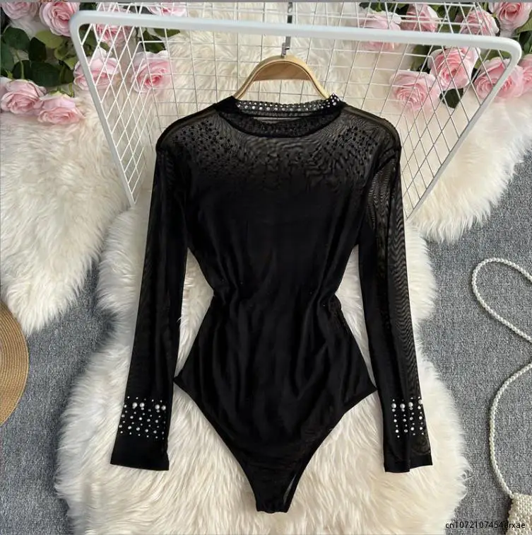 Beading Sequins Mesh Bodysuits Women O Neck Summer Sexy Party Club Long Sleeves Ladies Fashion Solid Rompers