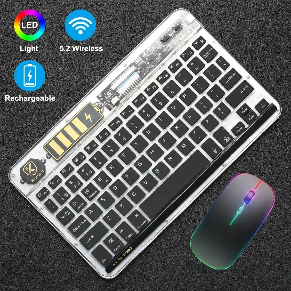 Russian/Hebrew/Spanish/Portuguese/Korean Transparent Backlight Wireless Bluetooth Keyboard Mute Portable for Android iOS Win