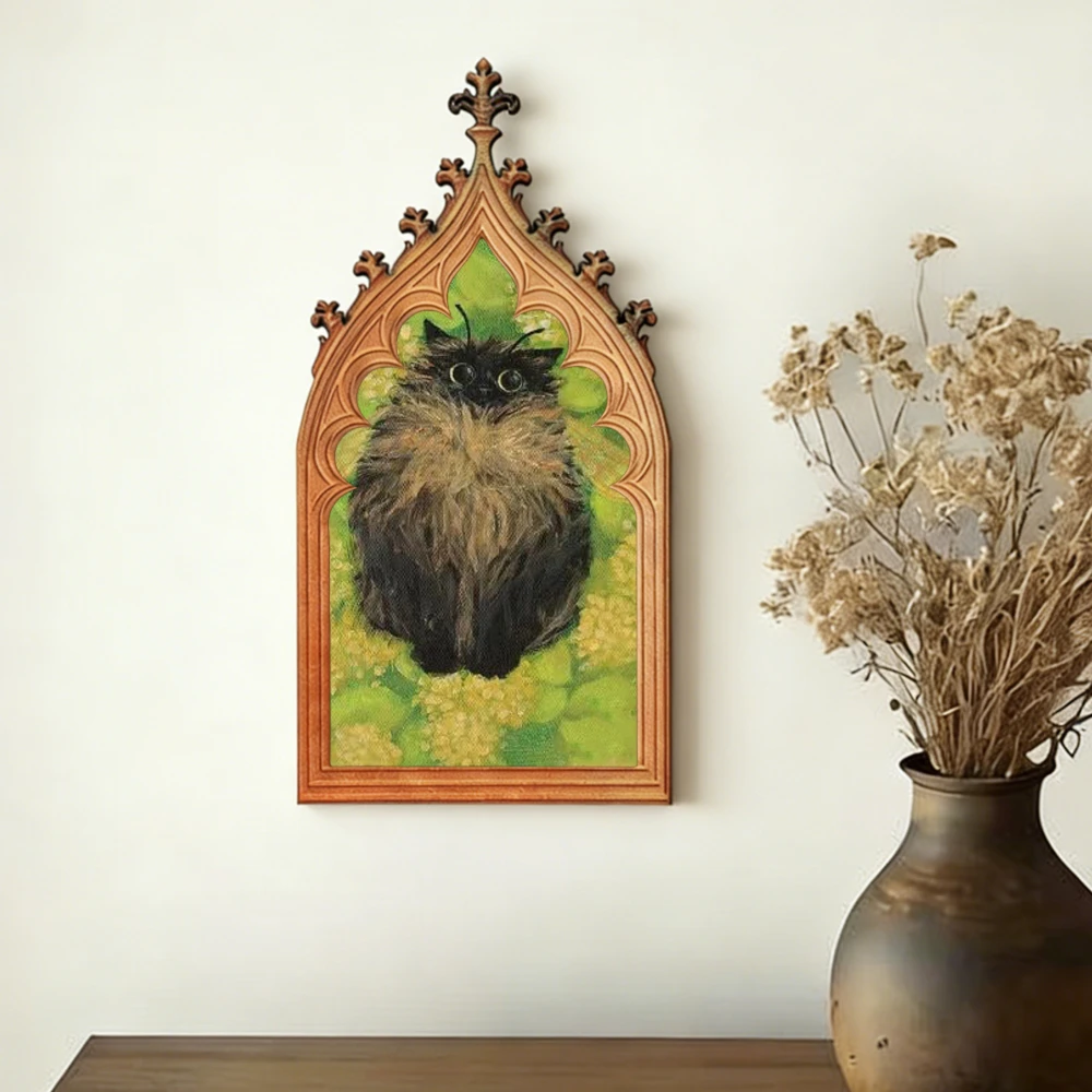 Cross-Border Gothic Church Window-Shaped Funny Cat Wooden Wall Plaque For Dark Retro Home Wall Decoration Scenario