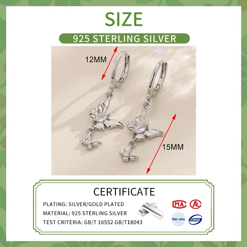 MEETSOFT One Piece 925 Silver Hollow Out Zircon Butterfly Hoop Earrings for Fashion Women Fine Jewelry Minimalist Accessories