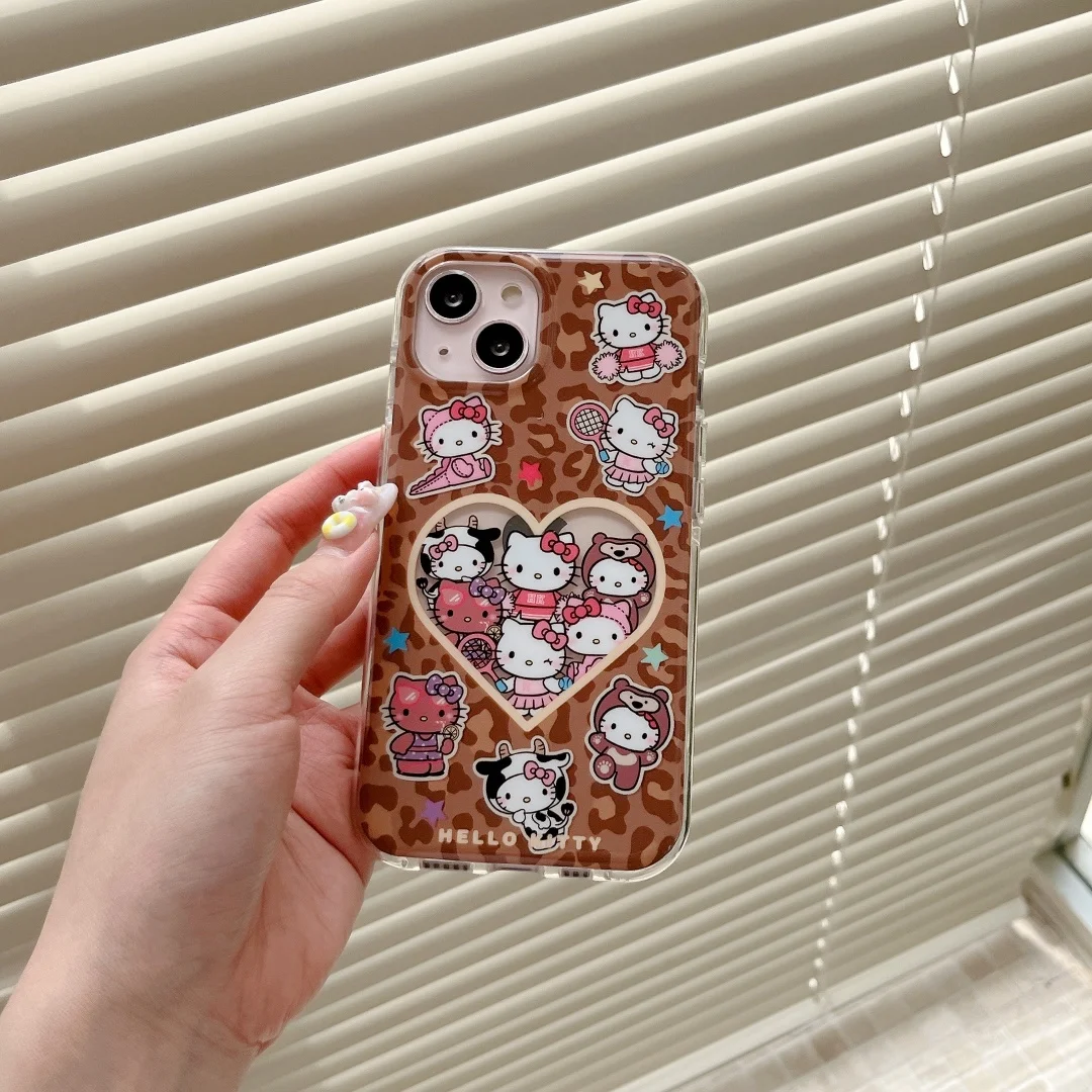 Hello Kitty Leopard Print Heart Phone Case For iPhone 16 Pro Case iPhone 13 14 15 16 Pro Max 3D Plush KT Doll KeyChain Cover