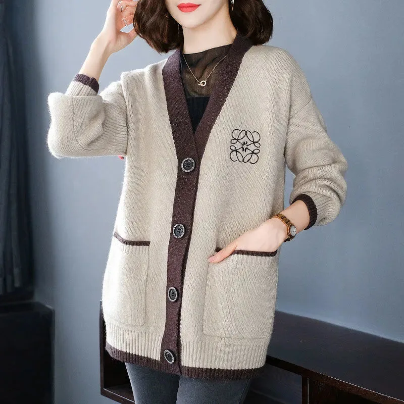 

NEW Women's Knitted Cardigan Coat Spring Autumn Embroidered Pocket Sweater Outerwear Female Korean Loose V-Neck Sweaters Jacket