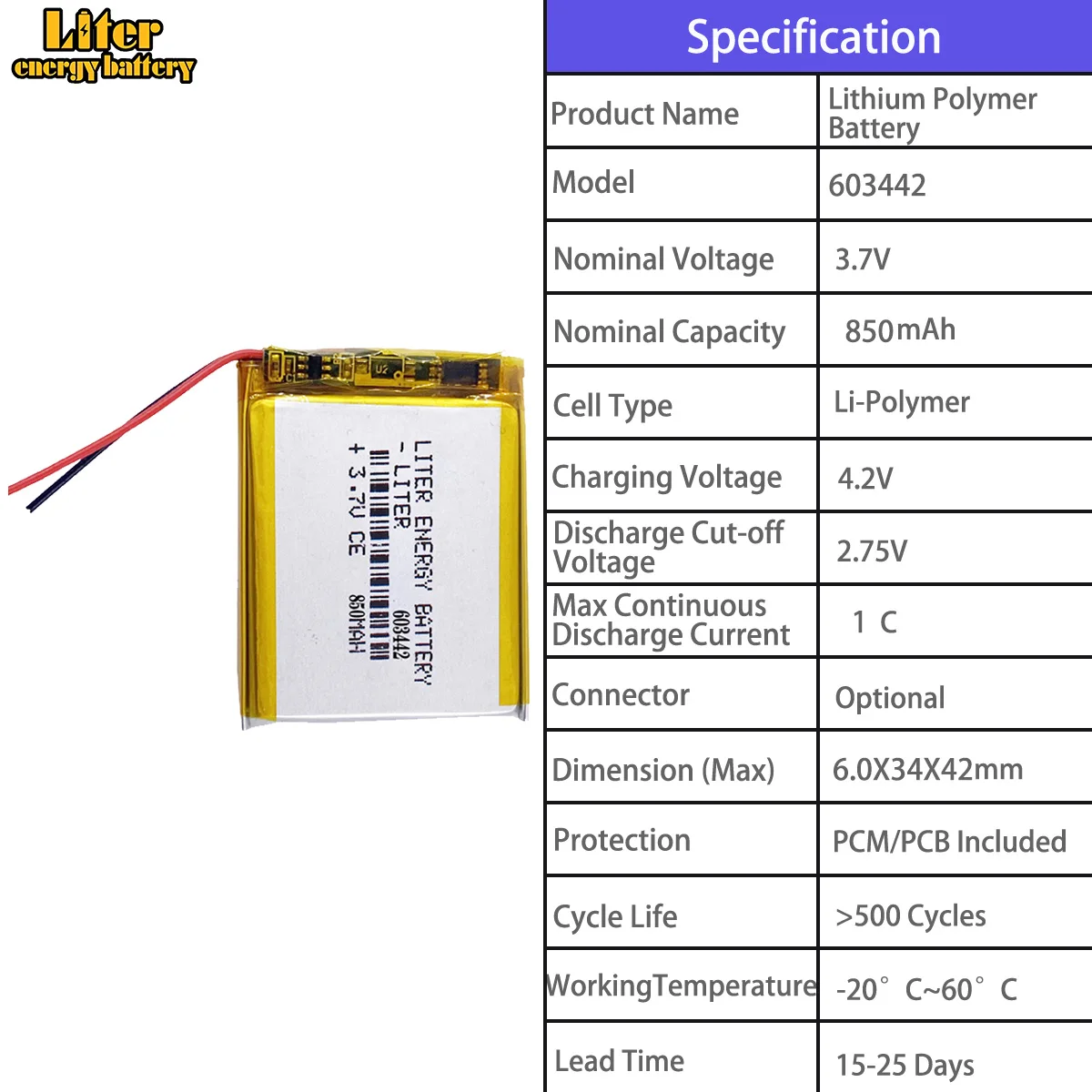 603048 900mah 603442 850mah 603443 850mah 603450 1200mah 604050 1600mah 3.7V Polymer Lithium Battery