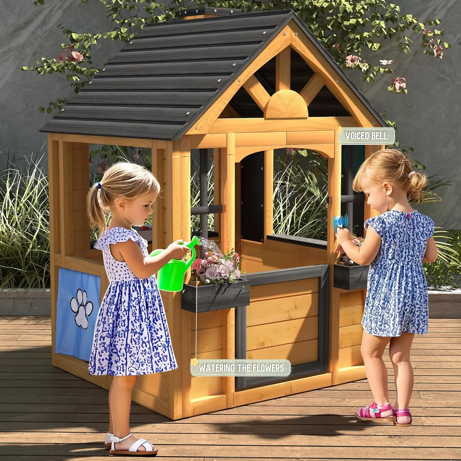 Playhouse infantil ao ar livre, casinha de madeira com cozinha, pia, fogão, panelas, janelas, suportes para vasos de flores, porta para animais de estimação, burlywood