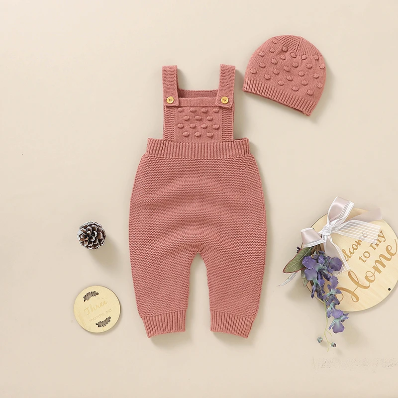 Baby Romper Knit Infant Girl Newborn Boy Jumpsuit Sleeveless Fashion Solid 3D Dot Toddler Clothes Hat 0-18M Overall 2pc Playsuit