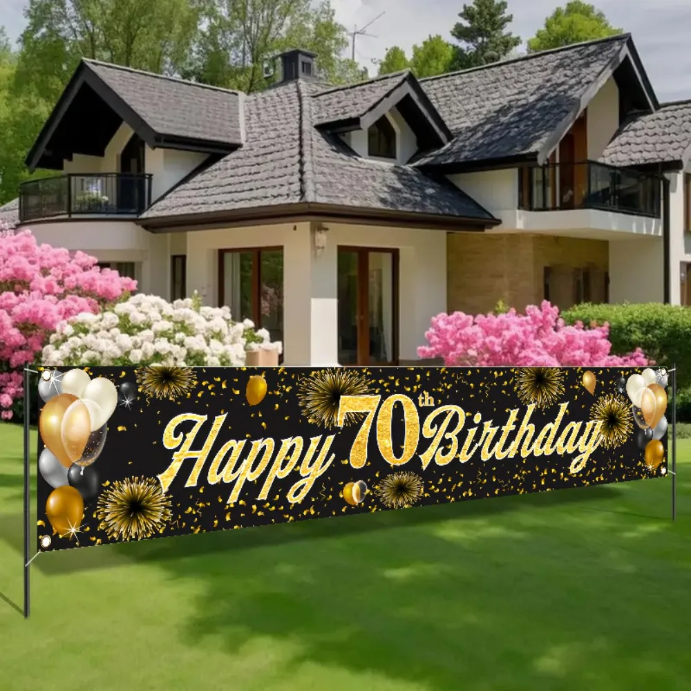 2D-Flachbanner zum 70. Geburtstag – schwarzer Glitzer-Text, Gedenkdekoration zum 70. Jahrestag, langlebige Partyflagge, geeignet für – Detail 3