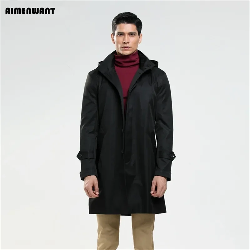 2024 single breasted customized size hooded trench coat for mens fall overcoat England black coat trench male outwear