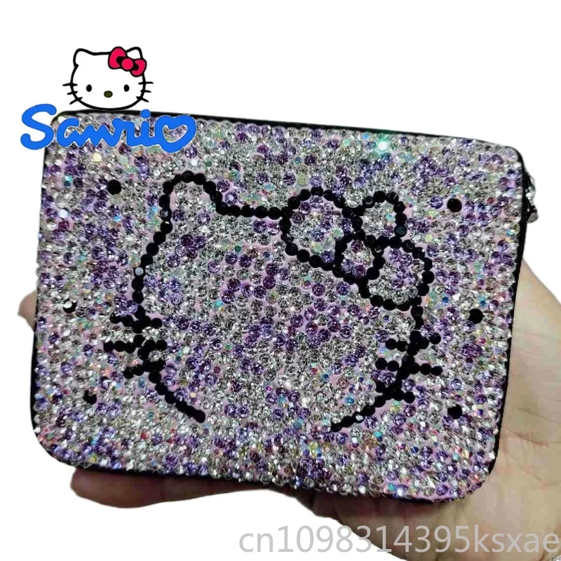Hello Kitty Luxury Card Holder Genuine Leather Card Purse Handbag Women's Crystal Rhinestone Accordion Multi Slot Zipper Gift