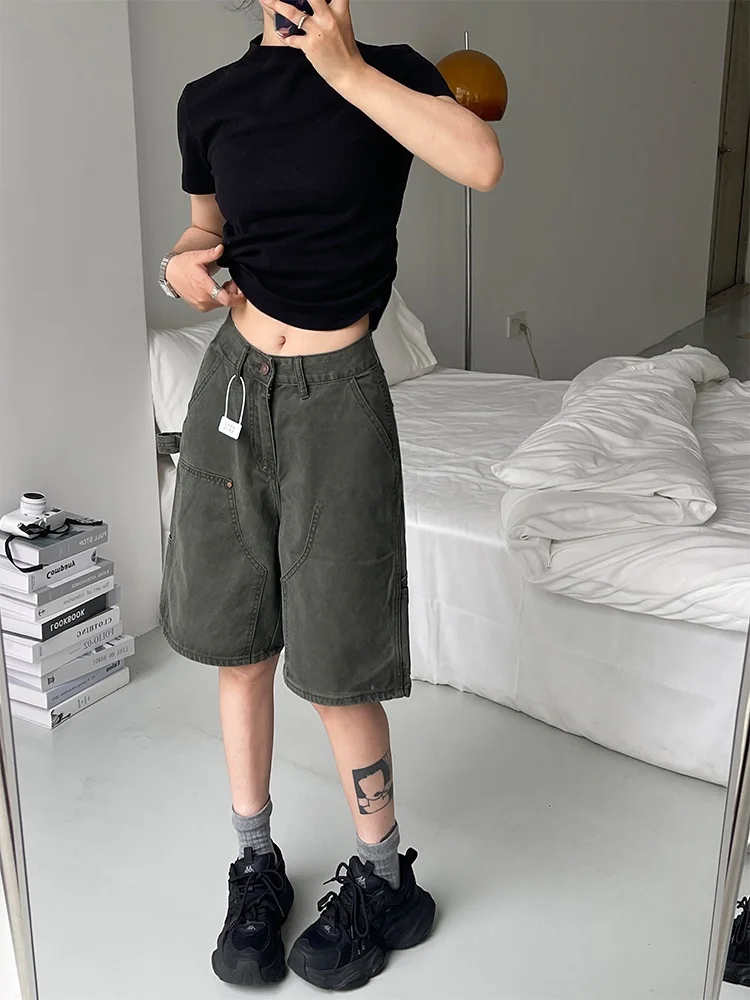 

Винтажная американская рабочая одежда больших размеров, джинсовые женские узкие прямые джинсы средней длины с высокой талией и широкими штанинами, пять четвертей