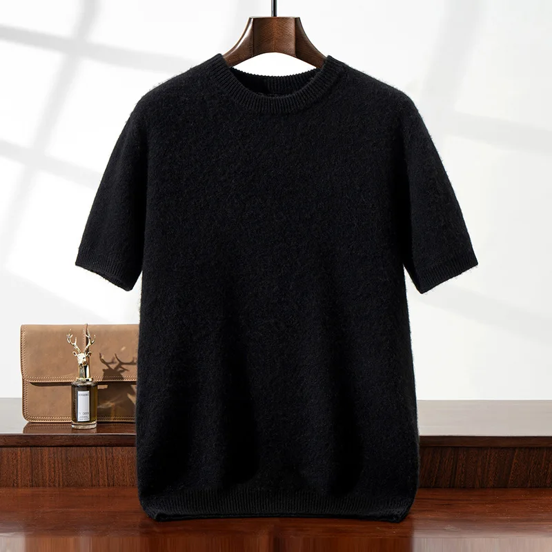 

Минималистичный стиль, 100% кашемир, мужская однотонная футболка с коротким рукавом и круглым вырезом, повседневный вязаный трикотаж с короткими рукавами, базовый свитер