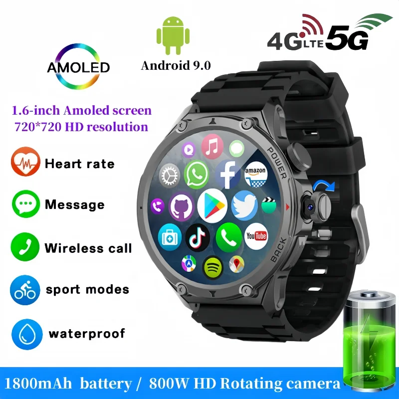 

H12 4G/5G Android Smart Watch: 1.6" HD Display (720*720), Bluetooth Calling, Wi-Fi, Precise GPS, Heart Rate & Sleep Monitor