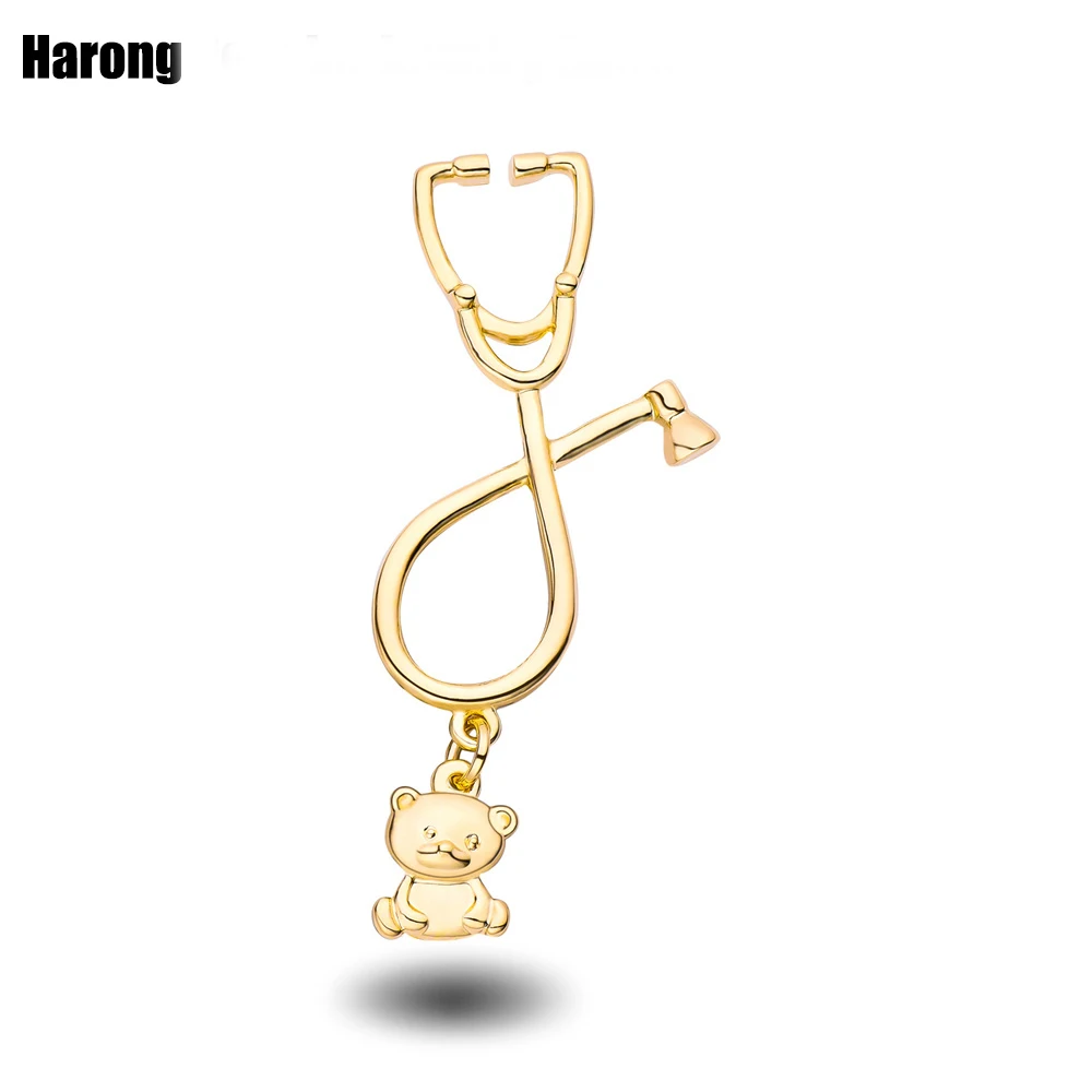 Harong Cartoon Bear Pendant Stethoscope Brooch Jewelry Medical Cardiology Stethoscope Brooch Lapel Badge for Doctor Nurse Gift