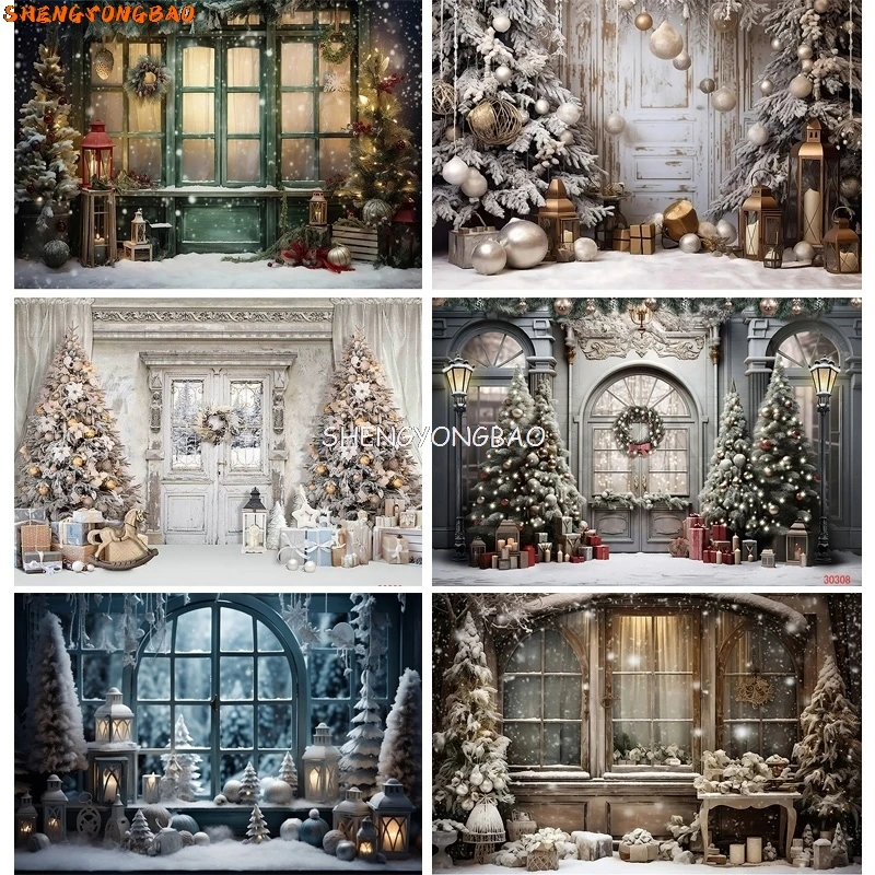 

SHENGYONGBAO Christmas Tree Photography Backdrop Prop Wooden Doors Snowman Cinema Pine New Year Window Wreath Studio Background