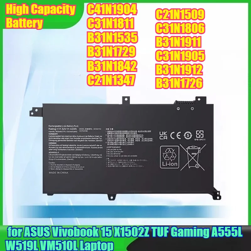 

5000mAh High Capacity Battery for ASUS Vivobook 15 X1502Z TUF Gaming A555L W519L VM510L Laptop - Li-ion Replacement Power Pack