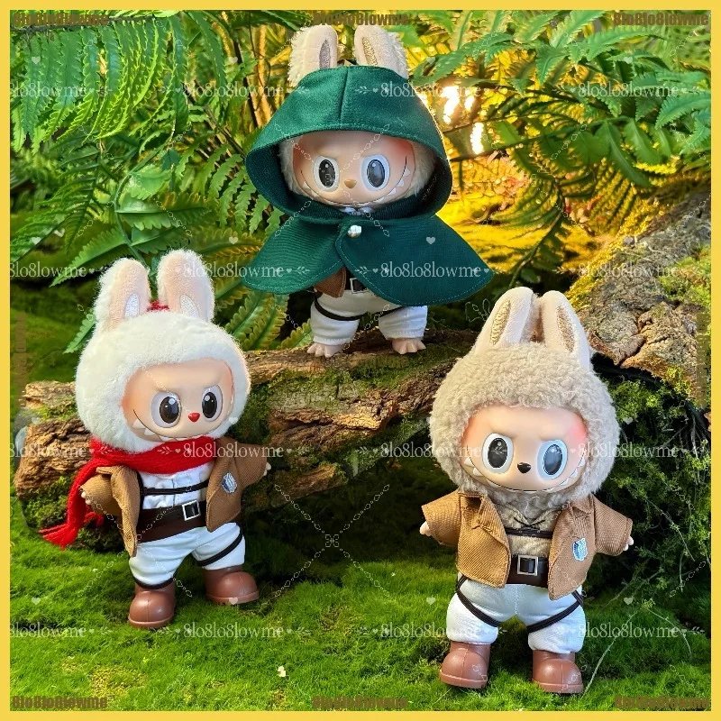 

New Attack on Titan Labubu Dolls Clothes Cartoon Eren Levi Scout Regiment Uniform Set Mini Plush Doll Clothing Accessories