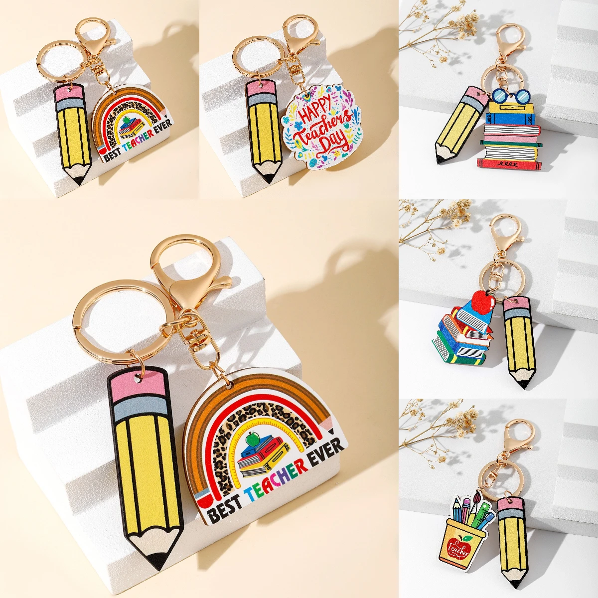 1Pc Fashion Personalized Creativity Teacher Keychain Rainbow Colorful Geometric Shape Pen Shape Teacher Wood Brand Keychain Bag