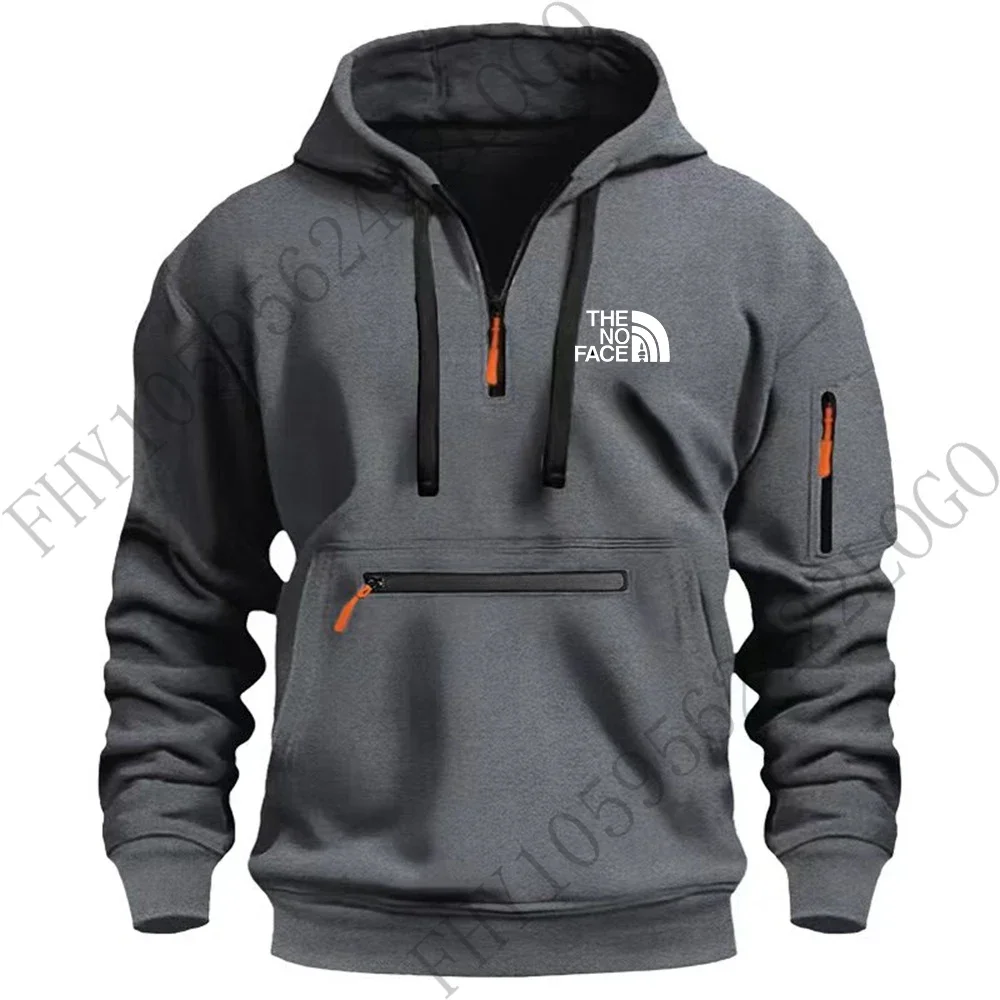 Autumn and winter new men's zipper arm pocket pullover 2025 fashion leisure sports jogging long-sleeved hooded loose hoodie