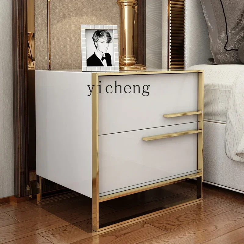 U6.2 Bedside Table Black and White Glossy Lacquer Stainless Steel Gold Plated Bedroom 40cm Storage Cabinet