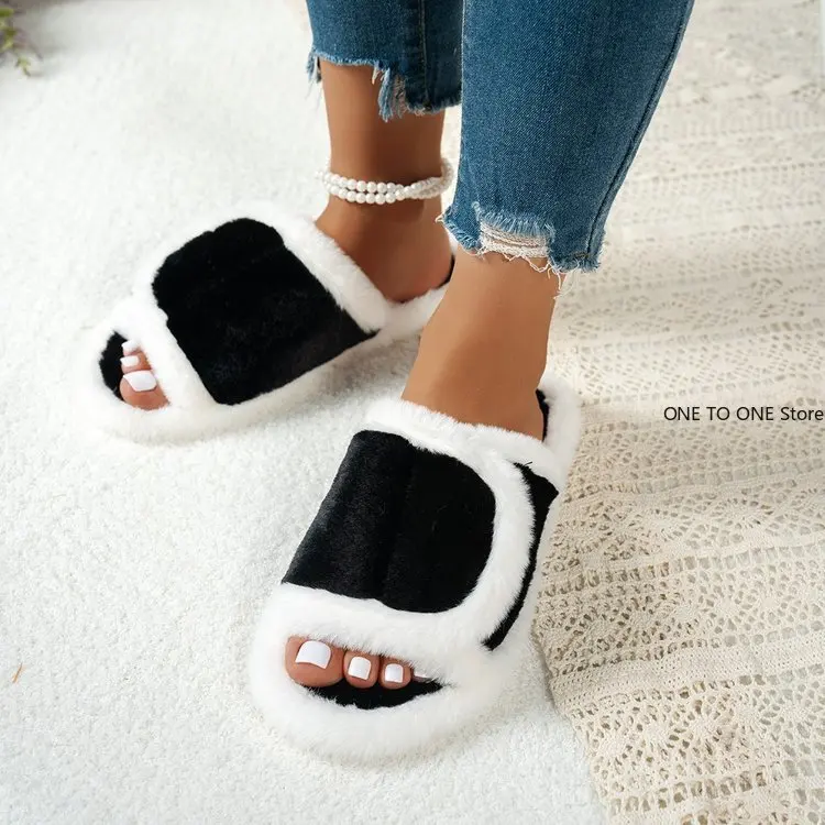 

New Four Seasons New Women's Home Slippers Opening White Fur Slides Warm Plush Sandals Female Comfortable Lightweight Flat Shoes