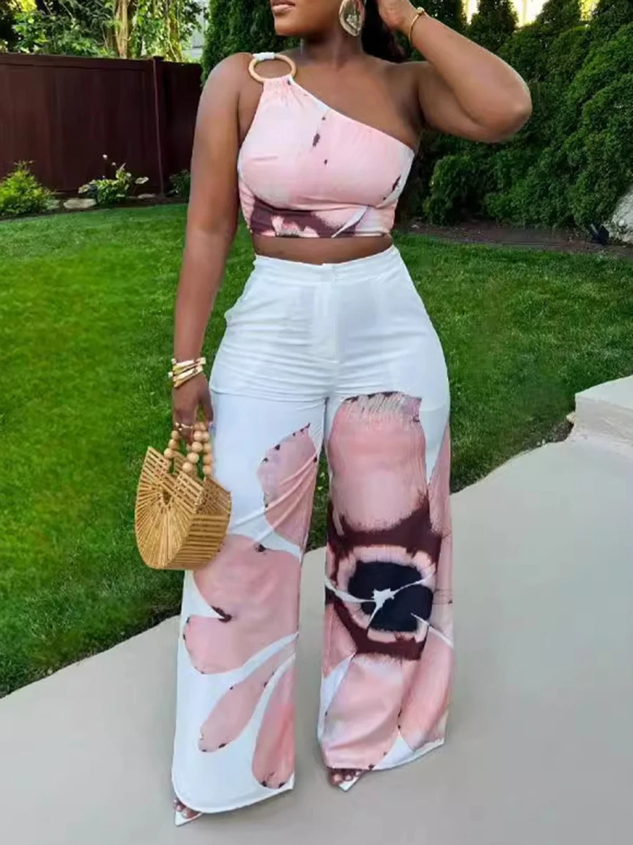 ZIML Set Dua Potong Cetak Warna Hit untuk Wanita Atasan Pendek Tanpa Lengan Kerah Diagonal Celana Longgar Pinggang Tinggi Set Chic Wanita