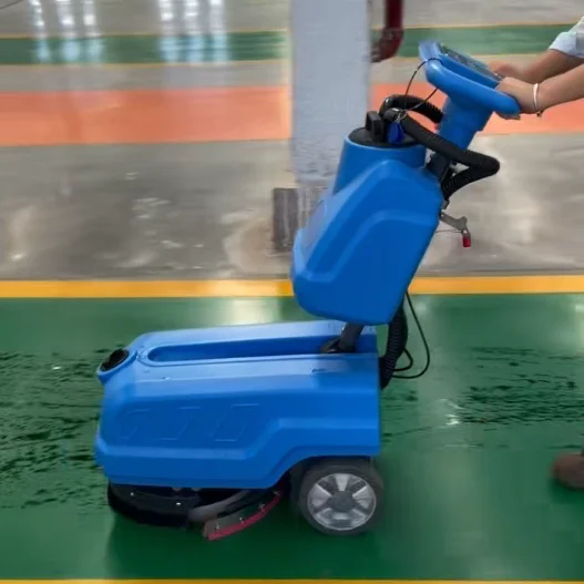 Small Hand Push Floor Scrubber, Walk Behind Cleaner Machine with Washing Suction & Drying Function