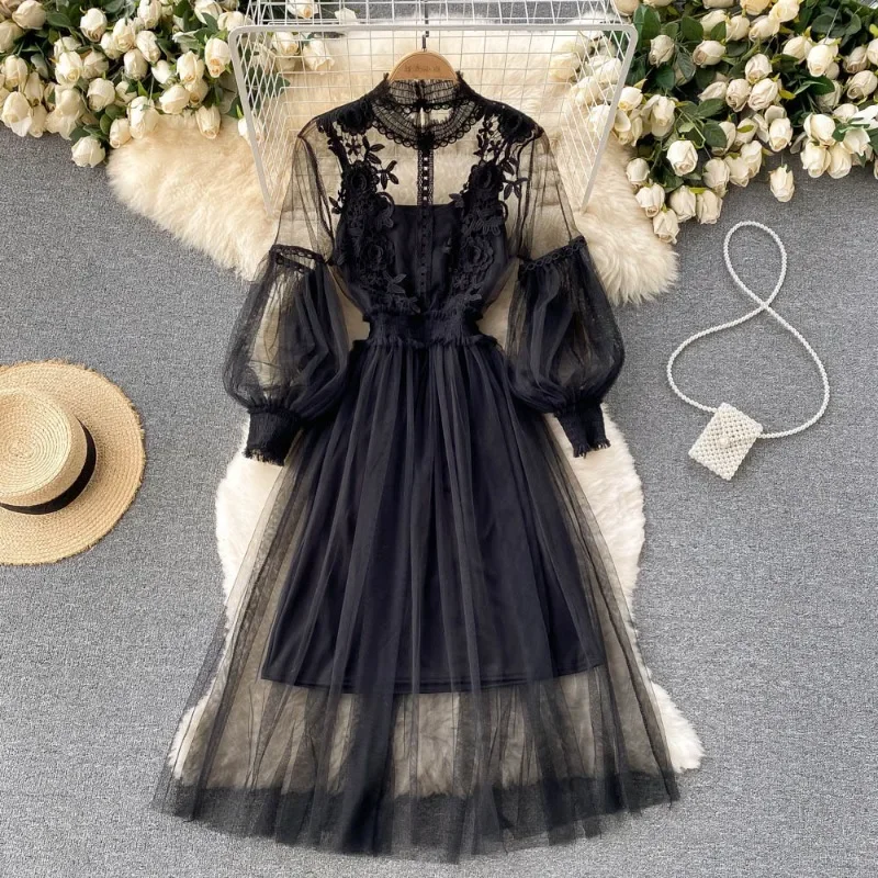 

Ladies Solid Color Dress Flower Hook Mesh Temperament Stand Collar Lantern Sleeve High Waist Slim Female Elegant Dresses Платье