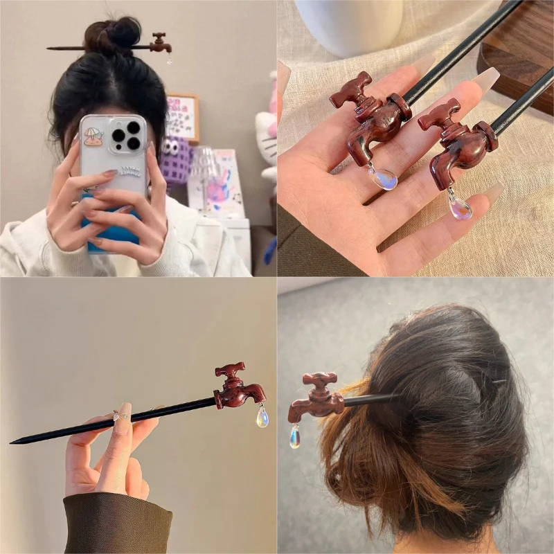 Horquilla con forma de enchufe para grifo creativo de madera Vintage, palillo para el pelo, adorno para el cabello, tocado, accesorios para el cabello, horquillas