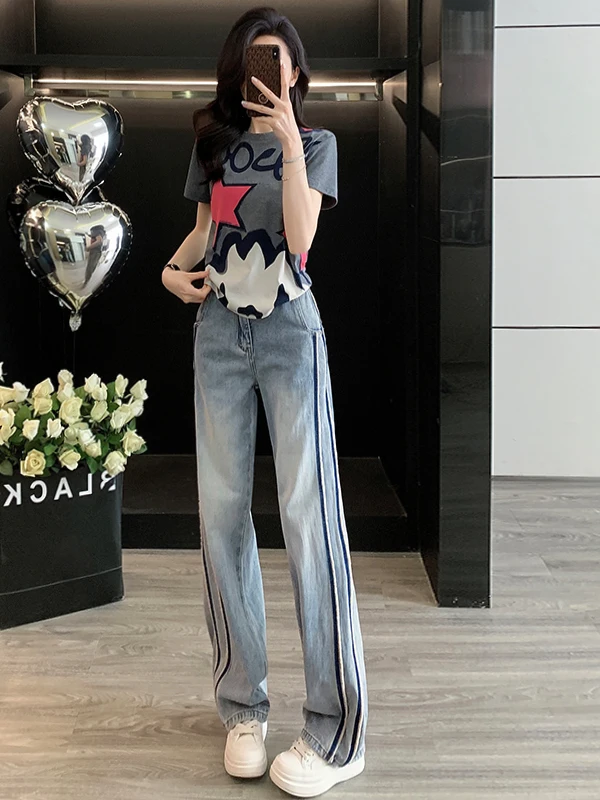 

Trendy Streetwear Sportswear Set Women Summer 2026 Casual round Neck Short Sleeve Top Jeans Wide Leg Pants Two Piece Set