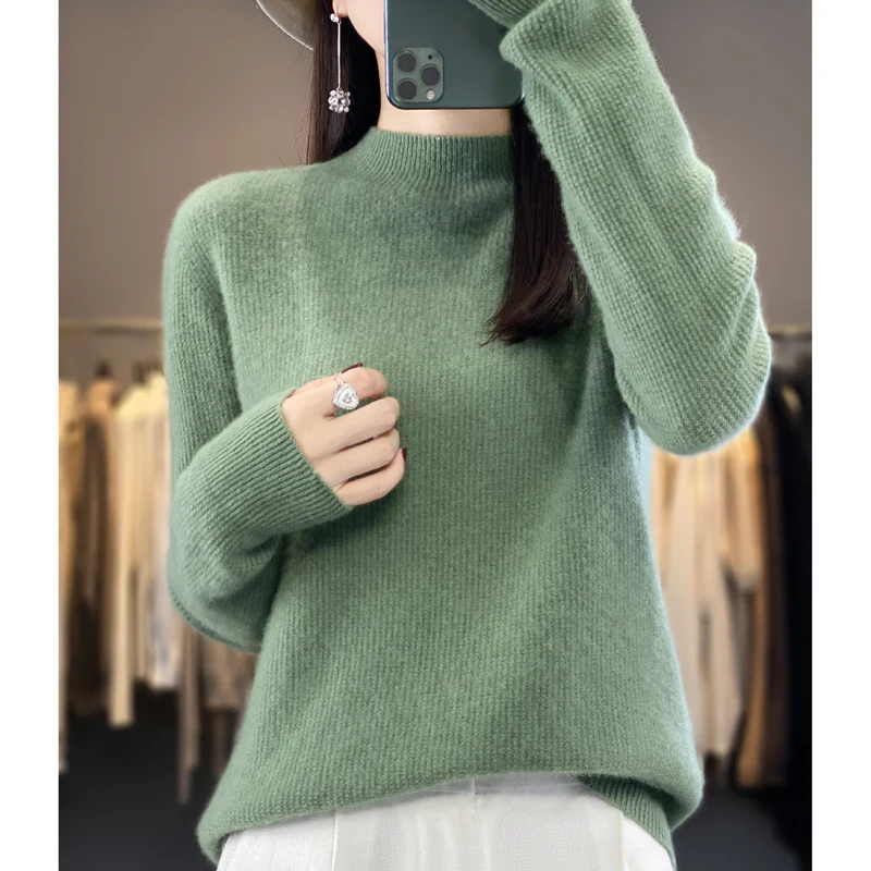 Long-sleeved women's sweater cashmere knitting 100% pure merino sweater autumn and winter new semi-turtle neck