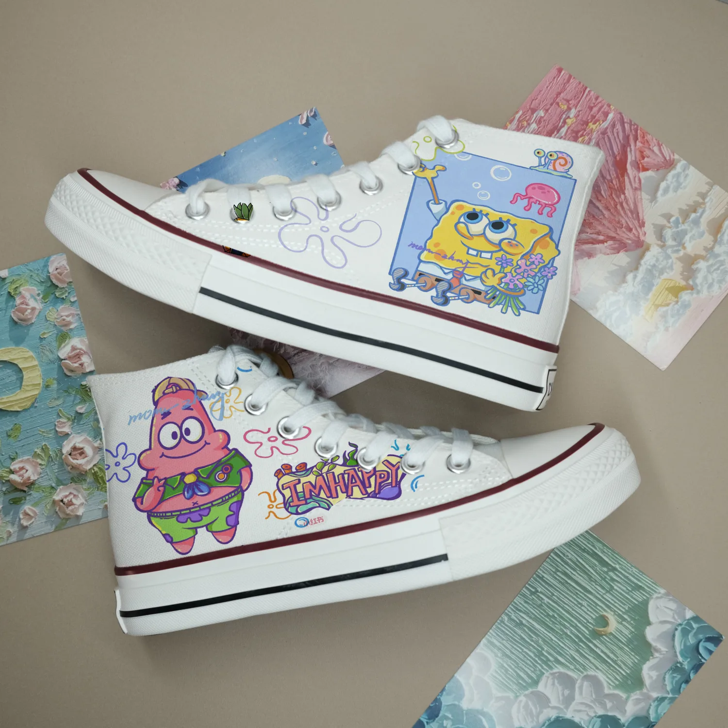 SpongeBob SquarePants Hand Painted High Top Canvas For Women Autumn New Korean Versatile Student Board plus size women man shoes