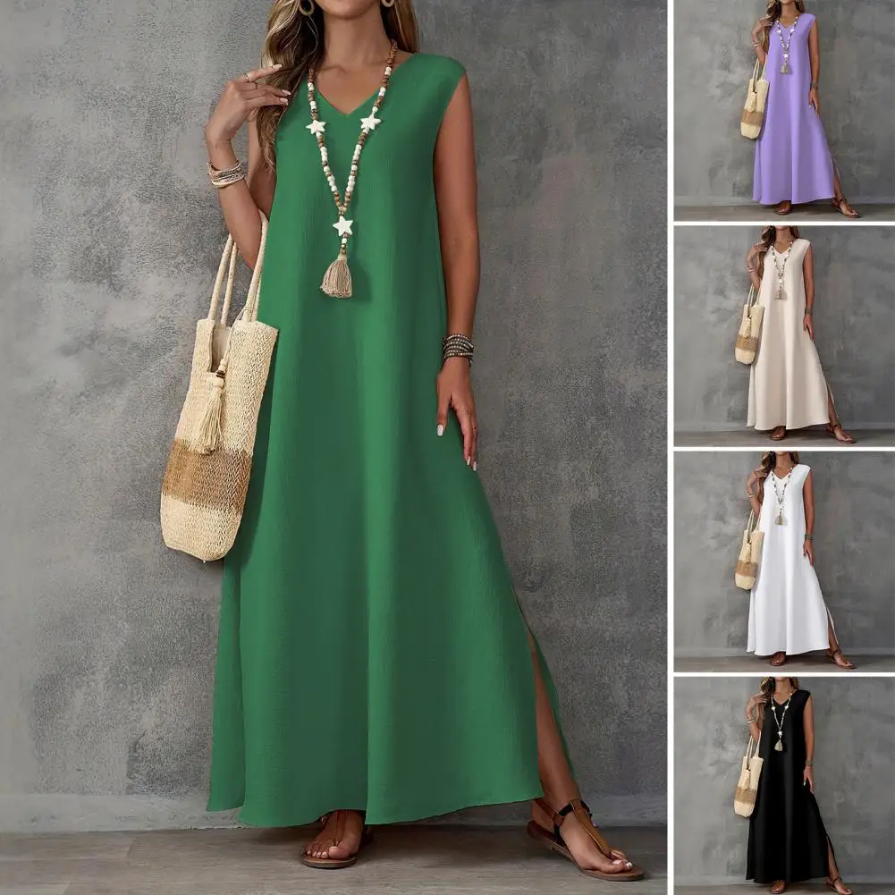 Casual Loose Cut Dress Boho Beach Vacation Maxi Dress Collection Women's Sleeveless V-neck Swing Dress Casual Solid for Summer