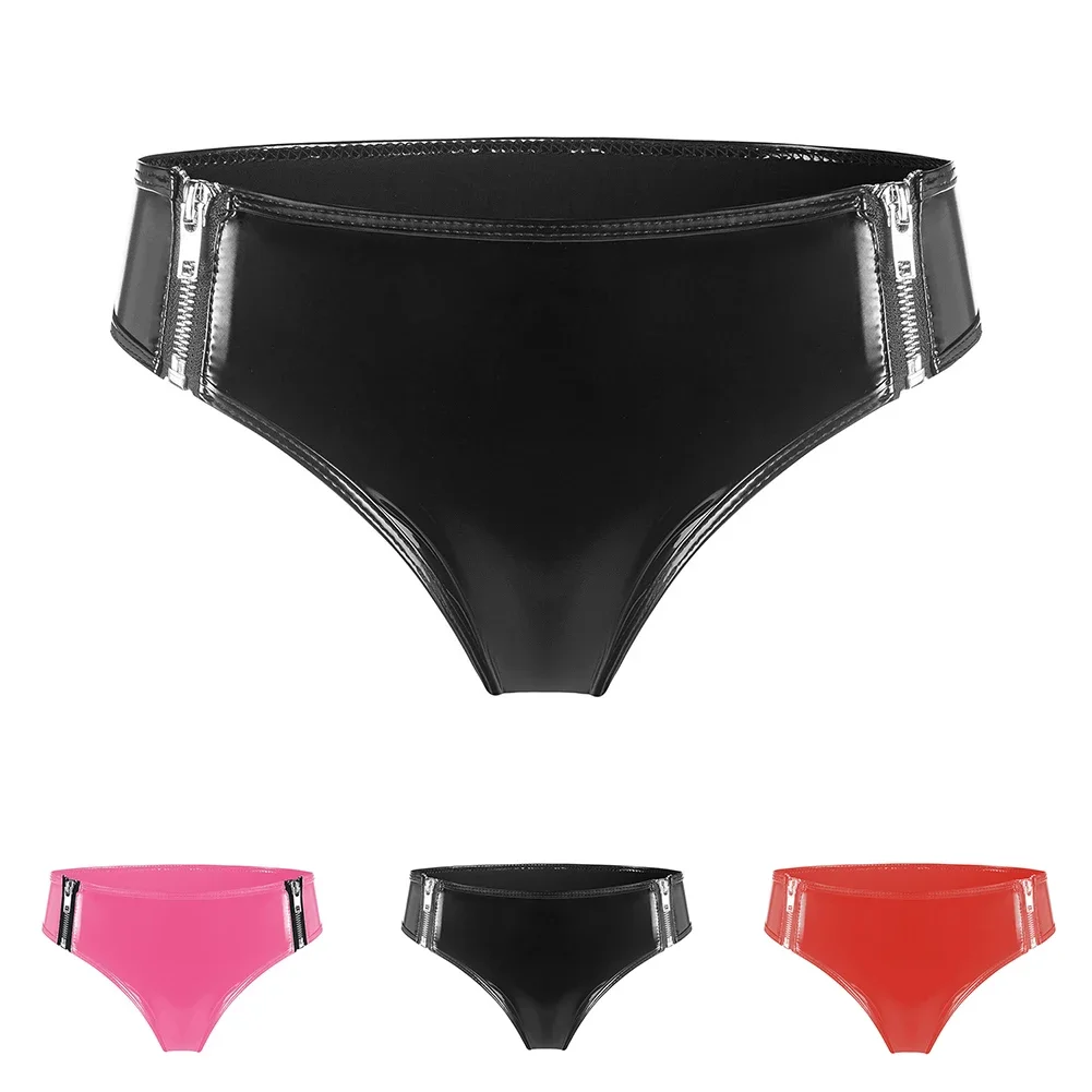 Womens Briefs With Side Zip Up Hot Low Waist Faux Leather Nightclub Stage Performance Sexy Ladies Underwear