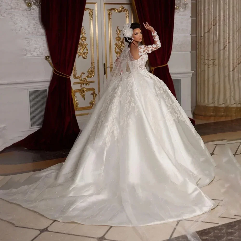 Customized  New Arrivals Long Sleeve Zipper Up Back Beading Sequins Appliques Satin Ball Gown Wedding Dresses Vestido De Noiva