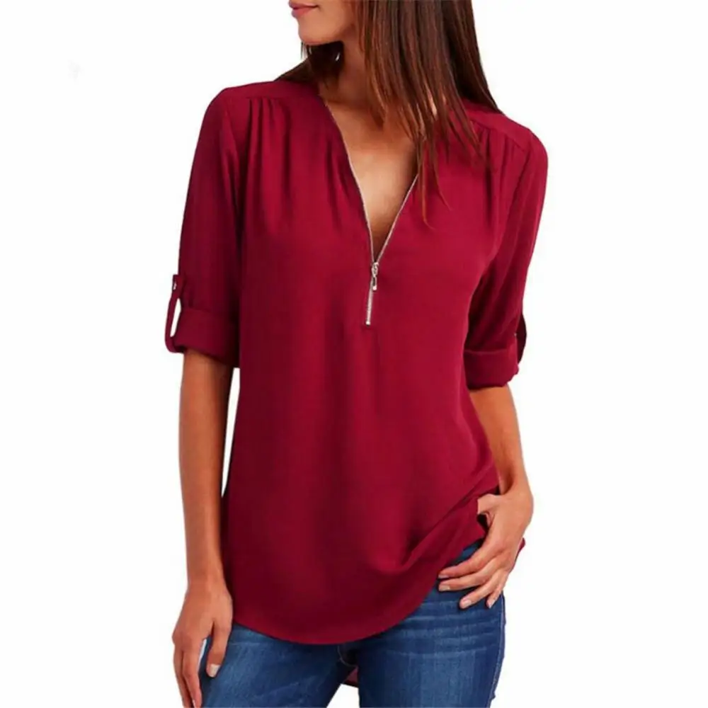 Camisa Solta De Chiffon Para Senhoras, Tops Casuais, Decote Em V, Meia Manga, Zíper, Camisa Sexy Do Escritório, Multi Cores, S-5XL