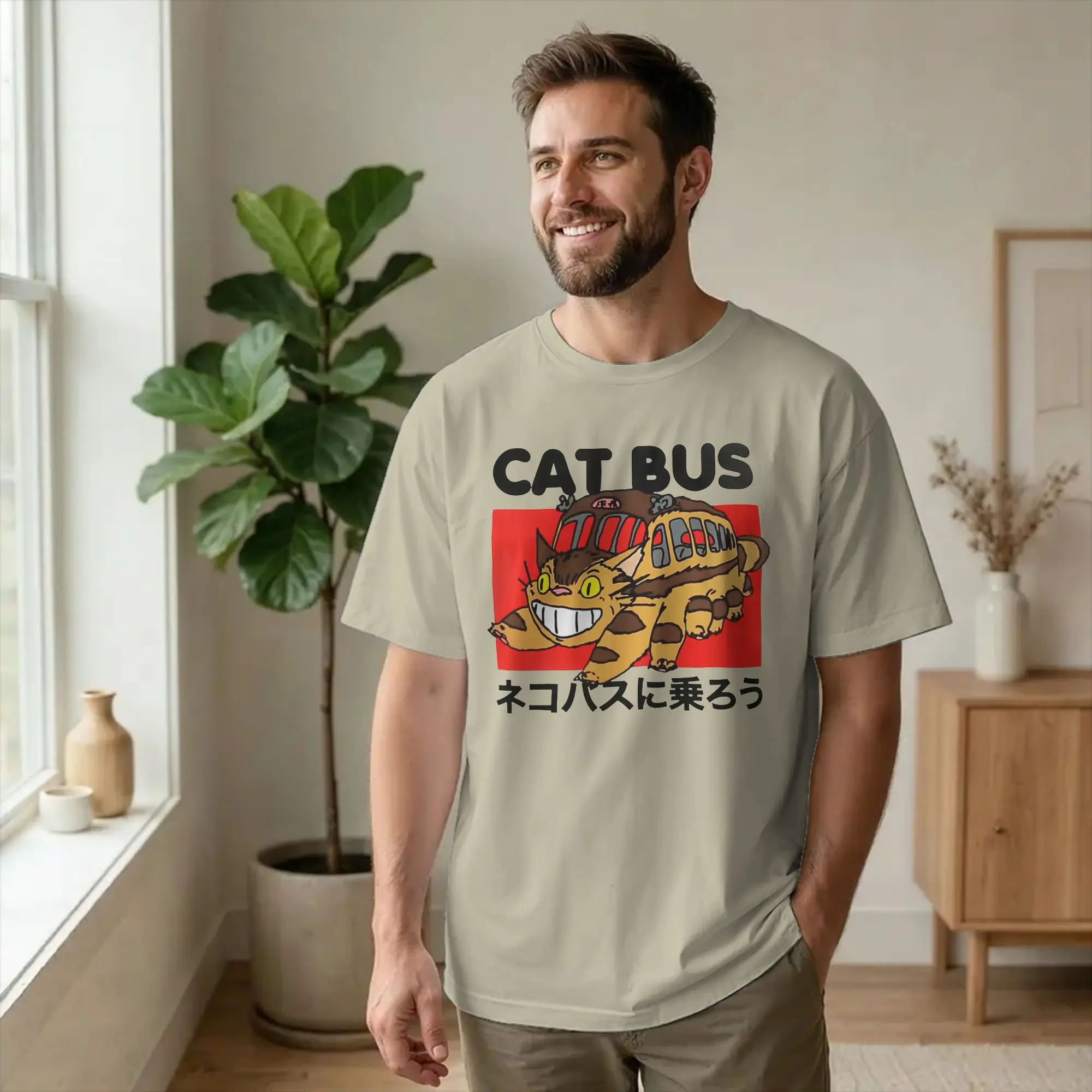 Retro Cat Bus T-Shirt Men Cotton Short Sleeve Hayaos Miyazakis Round Neck Summer TopsTops