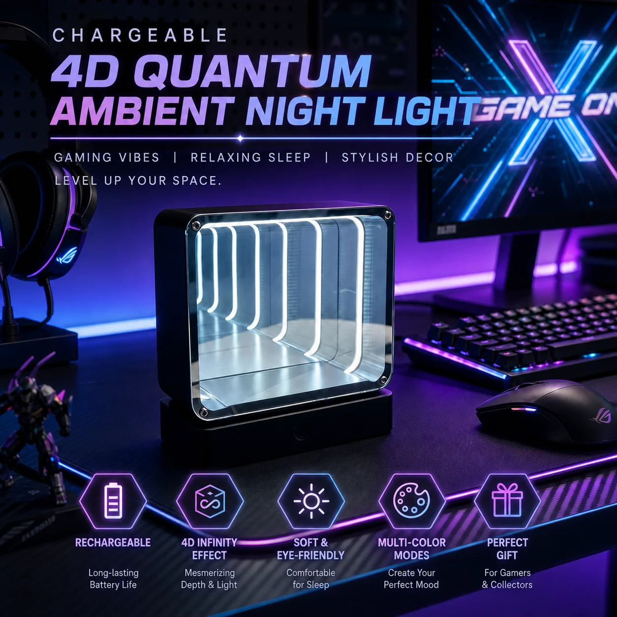 WWPPU 4D Quantum Infinity Tunnel Night Light USB C Rechargeable Touch Control Desk Lamp for Gaming Setup Room Decor