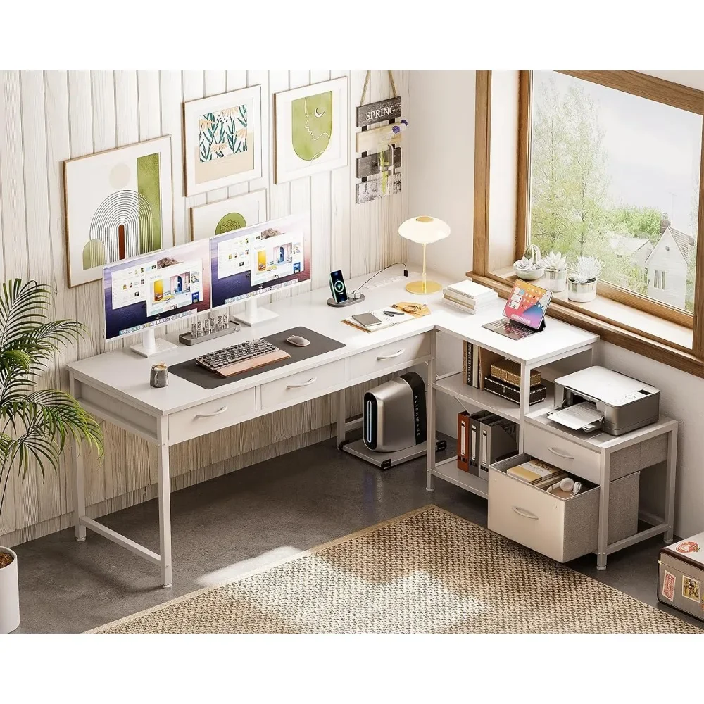 Mesa do computador em forma de L com tomada e Console Rack, reversível Home Office Workstation, branco, 61 pol