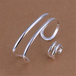 Großhandel feine Sterling Silber Original Double Line Armreifen Ringe Schmuck Sets für Frauen Mode Party Hochzeit Urlaub Geschenk