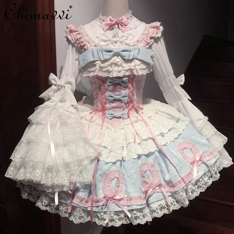 

New 2025 Lolita Cute Sweet Girl Princess Dress Luxurious Heavy Lace Kawaii Bow Girls Women Birthday Party Puffy Lo Dresses