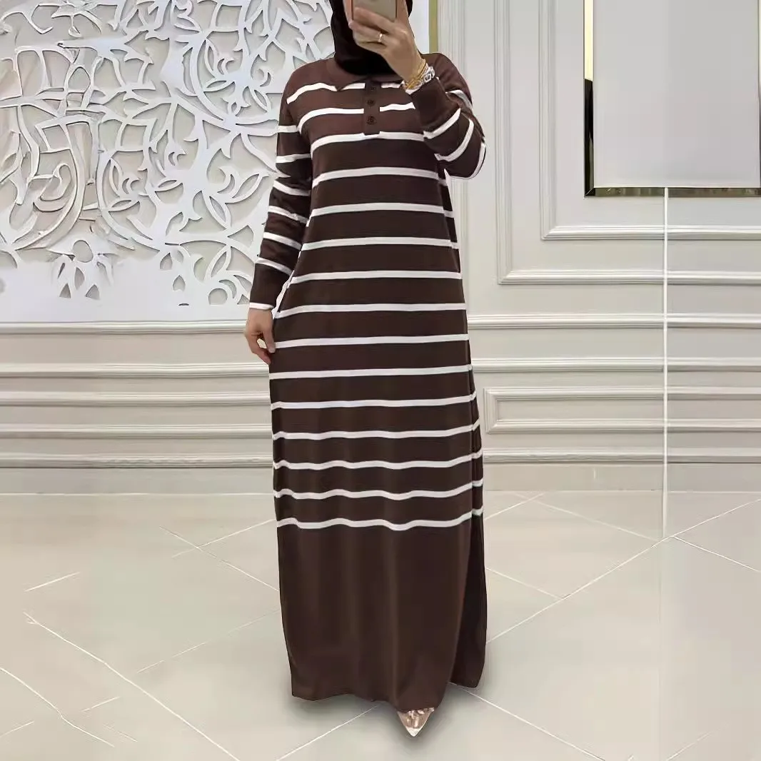 Eid Muslim Women Knit Dress Stripes Jalabiya Kaftan Islam Vestidos Long Robe Ramadan Morocco Dubai Abayas Knitting Dresses