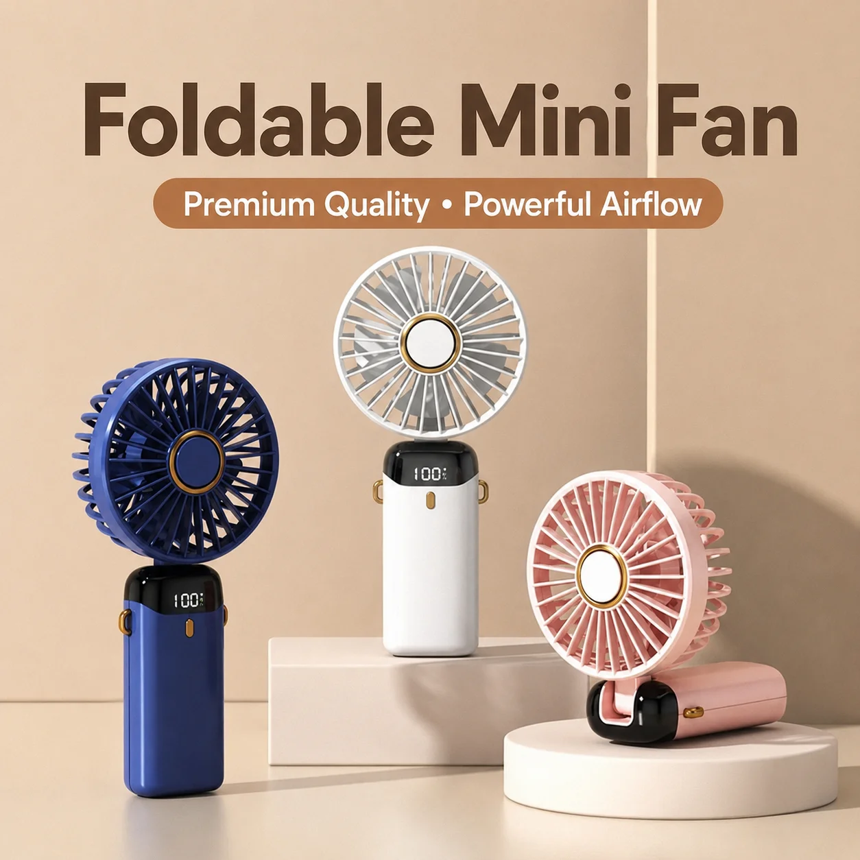 2026 New Portable Handheld Fan with Phone Holder and Lanyard, 500mAh USB Rechargeable Personal Cooling Fan with LED Digital Display, 6 Speed Airflow and Colorful Lights, Foldable Mini Desk Fan for Travel, Office, Home and Outdoor Use